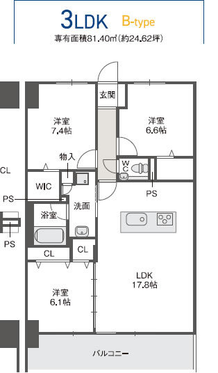 3LDK B-type 専有面積81.40㎡（約24.62坪）