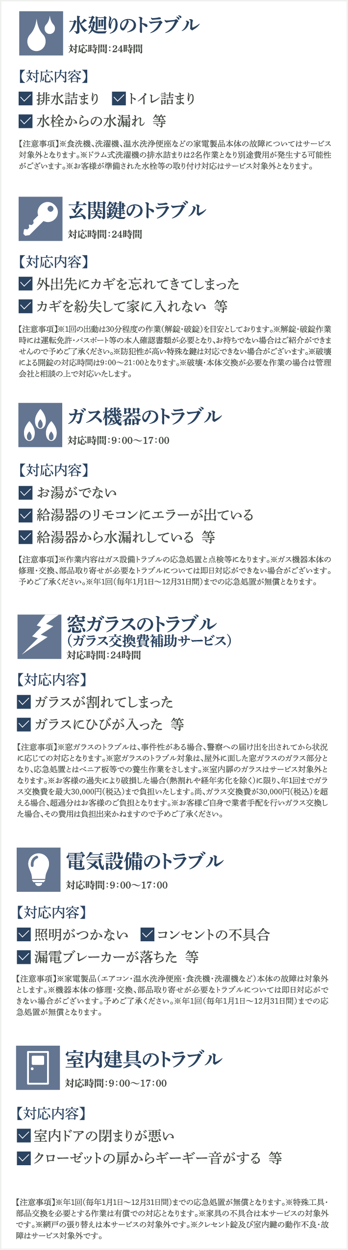 水まわり、玄関鍵、ガス機器、窓ガラス、電気設備、室内建具のトラブルに。